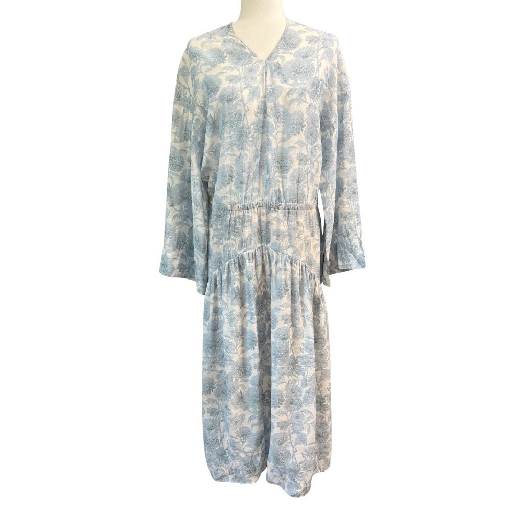 Vince Dahlia Floral-Printed Pleated Midi Dress Blue White Size Large $751 MSRP